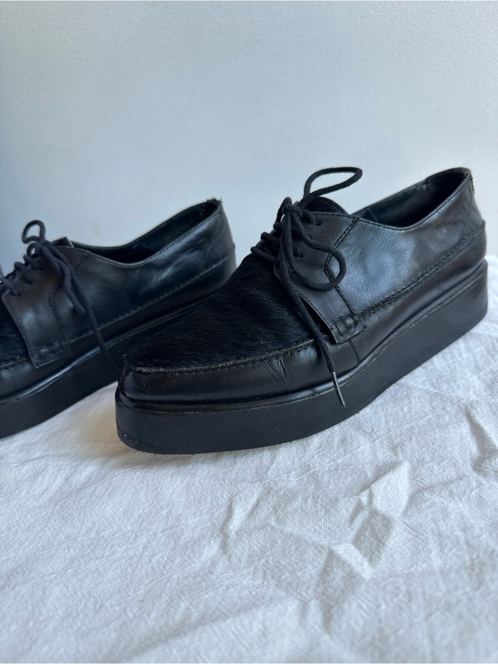 Rachel Comey Black Leather and Pony Hair Platform Lace-Up Shoes Size 6